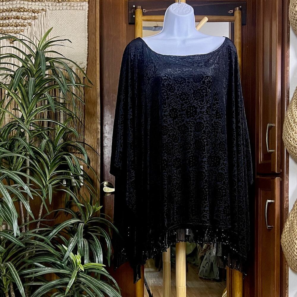 Vintage 90s Velvet Burnout Fringe Top 1X Black Floral Beaded Witchy Stevie Nicks